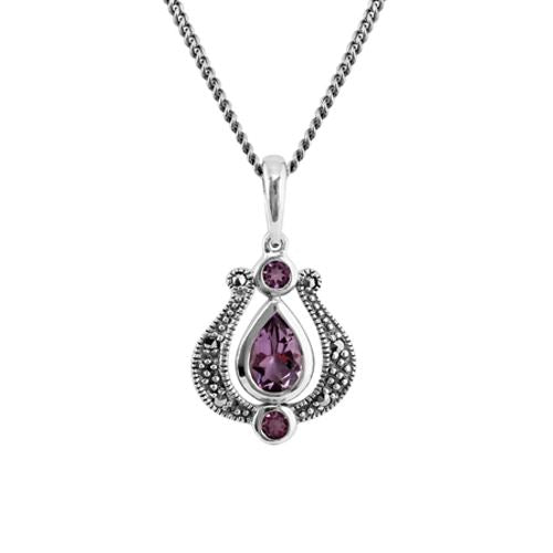Ciondolo in stile Art Nouveau Argento 925 Ametista Pera e Marcasite