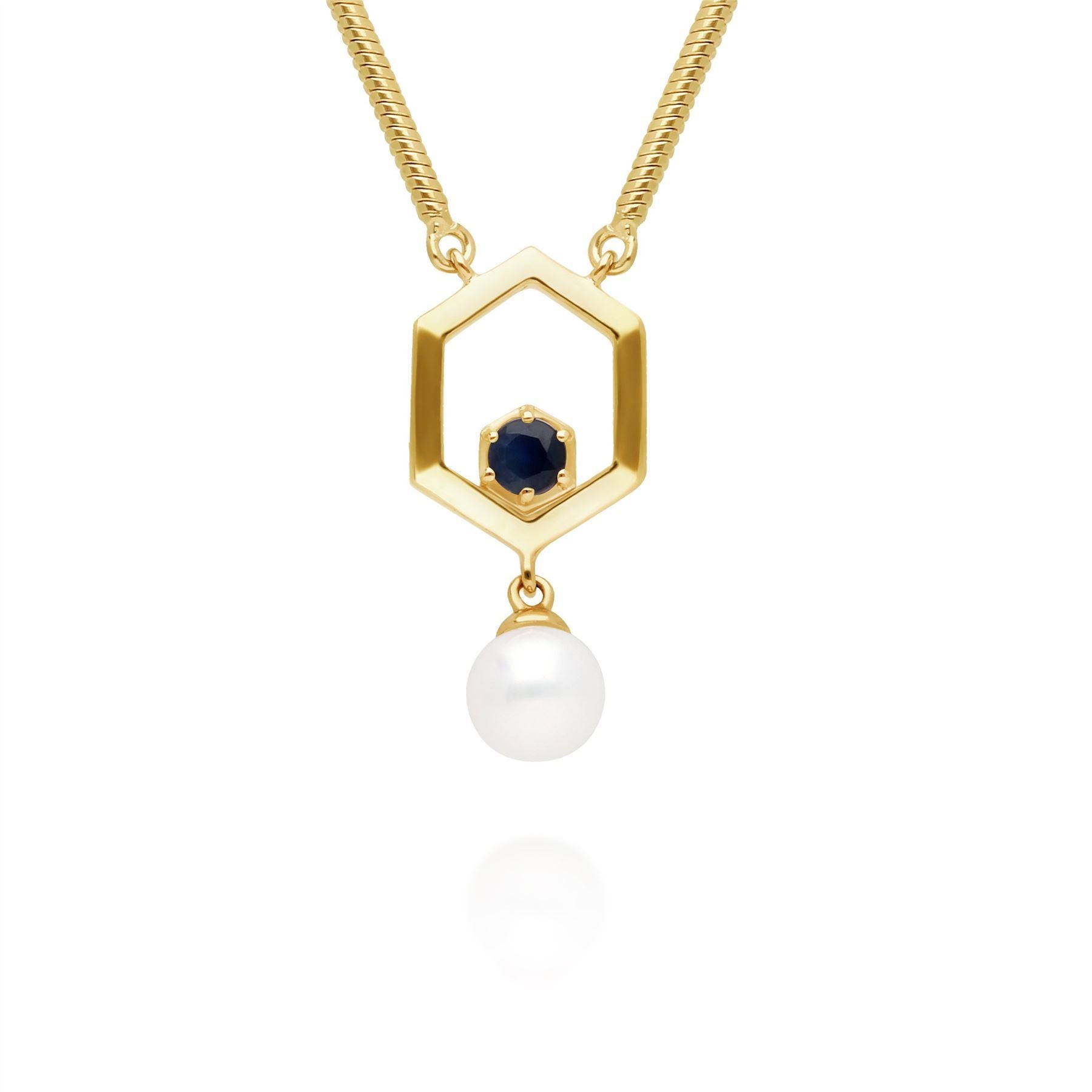 Modern Pearl & Sapphire Hexagon Drop Necklac