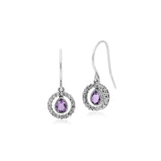 Orecchini pendenti e pendenti classici in argento 925 con pera di ametista e marcasite