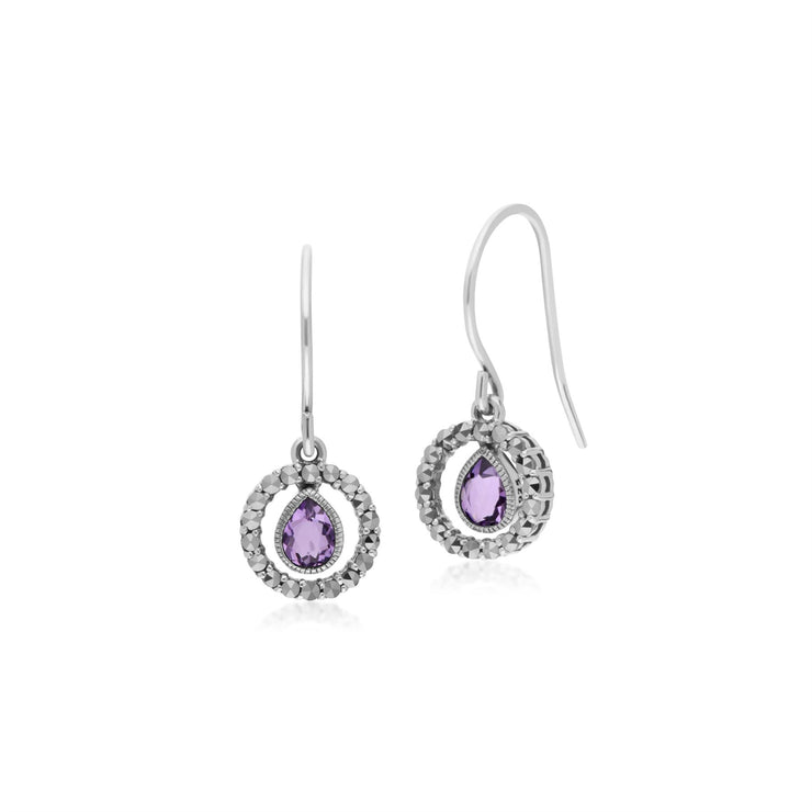 Orecchini pendenti e pendenti classici in argento 925 con pera di ametista e marcasite