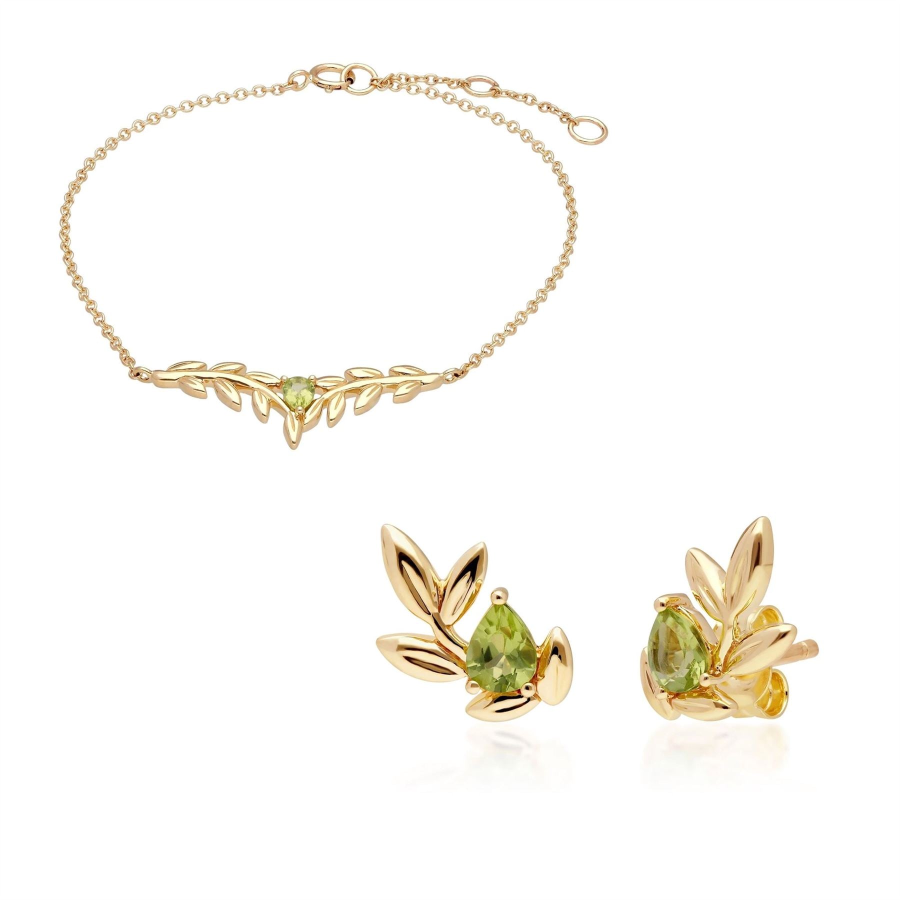 O Leaf Peridot Bracelet & Stud Earring Set in 9ct Yellow Gold