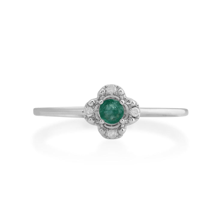 Anello Gemondo con smeraldo, anello a fiore con smeraldo e diamanti in oro bianco da 9 ct e 0,12 ct