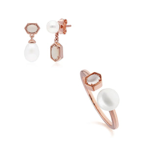 Modern Pearl & Opal Earring & Ring Set in Rose Gold