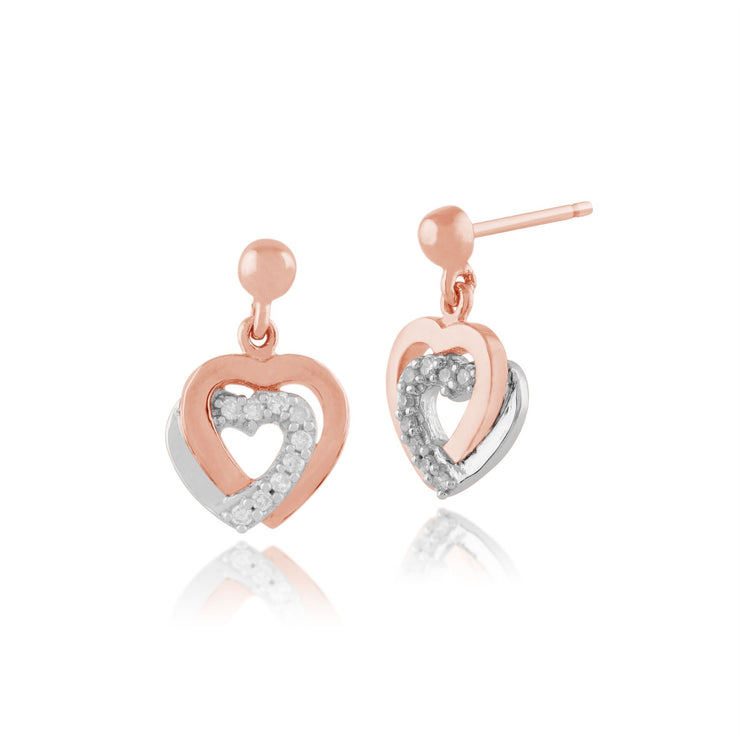 Ciondolo classico a doppio cuore e orecchini pendenti in oro rosa 375 con diamante rotondo