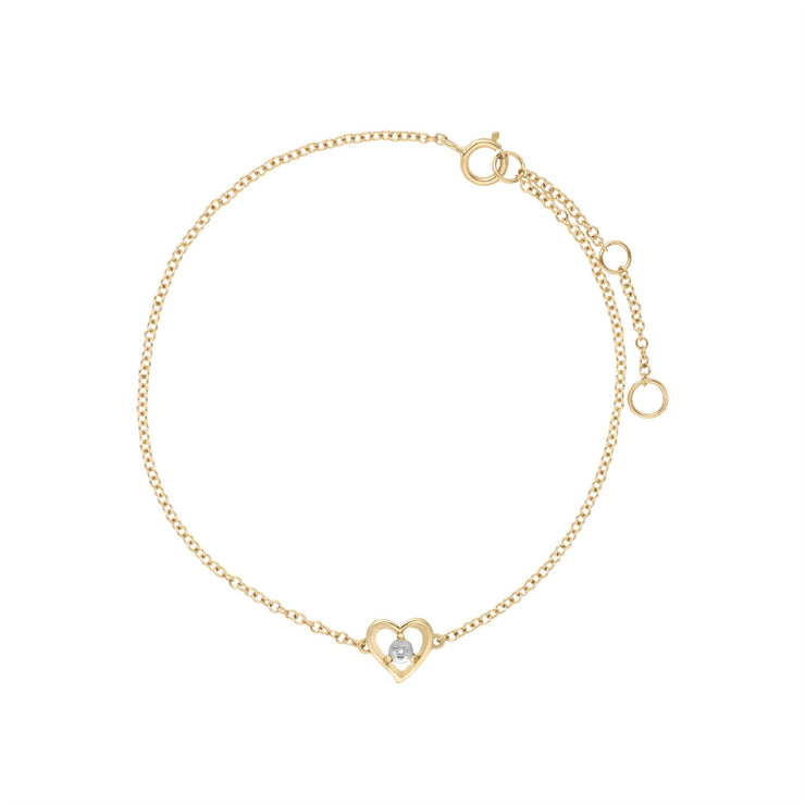 Bracciale con diamanti, bracciale in oro giallo da 9 ct con pietra singola con diamante rotondo e cuore da 19 cm