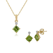 Ciondolo e orecchini classici a bottone in oro giallo 375, cuscino con peridoto e diamante