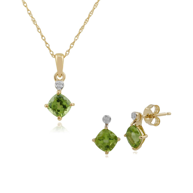 Ciondolo e orecchini classici a bottone in oro giallo 375, cuscino con peridoto e diamante