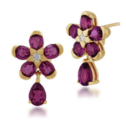 Ciondolo e orecchini a bottone floreale in argento 925 placcati in oro con rodolite e diamanti