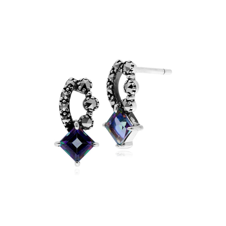 Orecchini a bottone in stile Art Nouveau in argento 925 quadrato con topazio mistico e marcasite