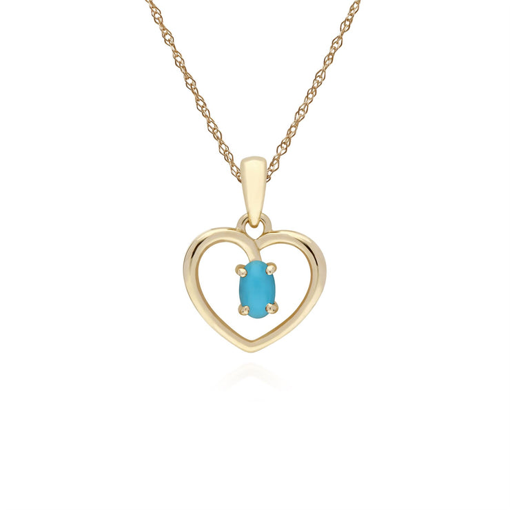 Pendente a cuore singolo con pietra ovale turchese in oro giallo da 9 ct su catena da 45 cm