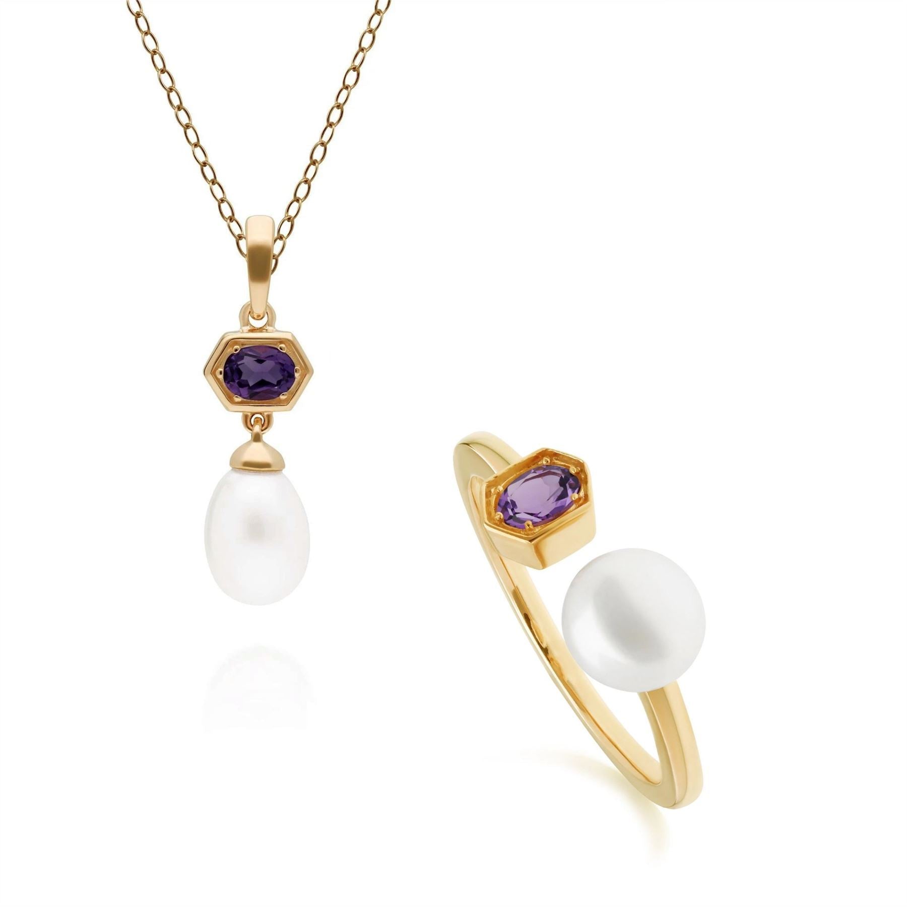 Modern Pearl & Amethyst Pendant & Ring Set in Gold Plated Sterling Silver
