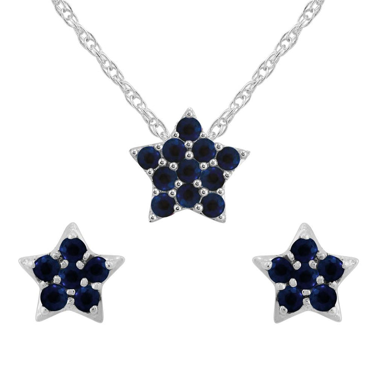 Ciondolo e orecchini a Lobo Star in oro bianco 375 con zaffiri