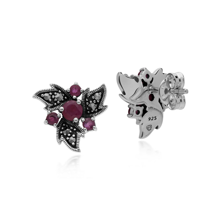 Orecchini con rubini, argento sterling con rubini e marcasite Nuovi orecchini floreali