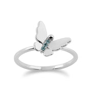 Set di tre anelli floreali impilabili in oro bianco 375 con topazio azzurro e farfalla e fiori di diamanti