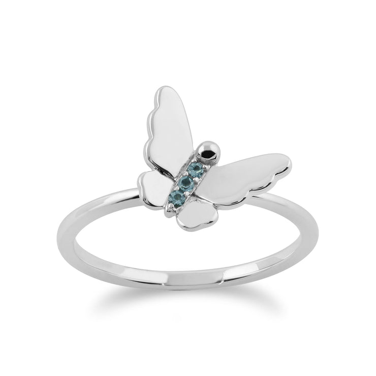 Set di tre anelli floreali impilabili in oro bianco 375 con topazio azzurro e farfalla e fiori di diamanti