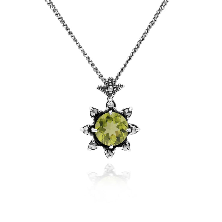 Collana floreale in argento 925 con peridoto rotondo e marcasite