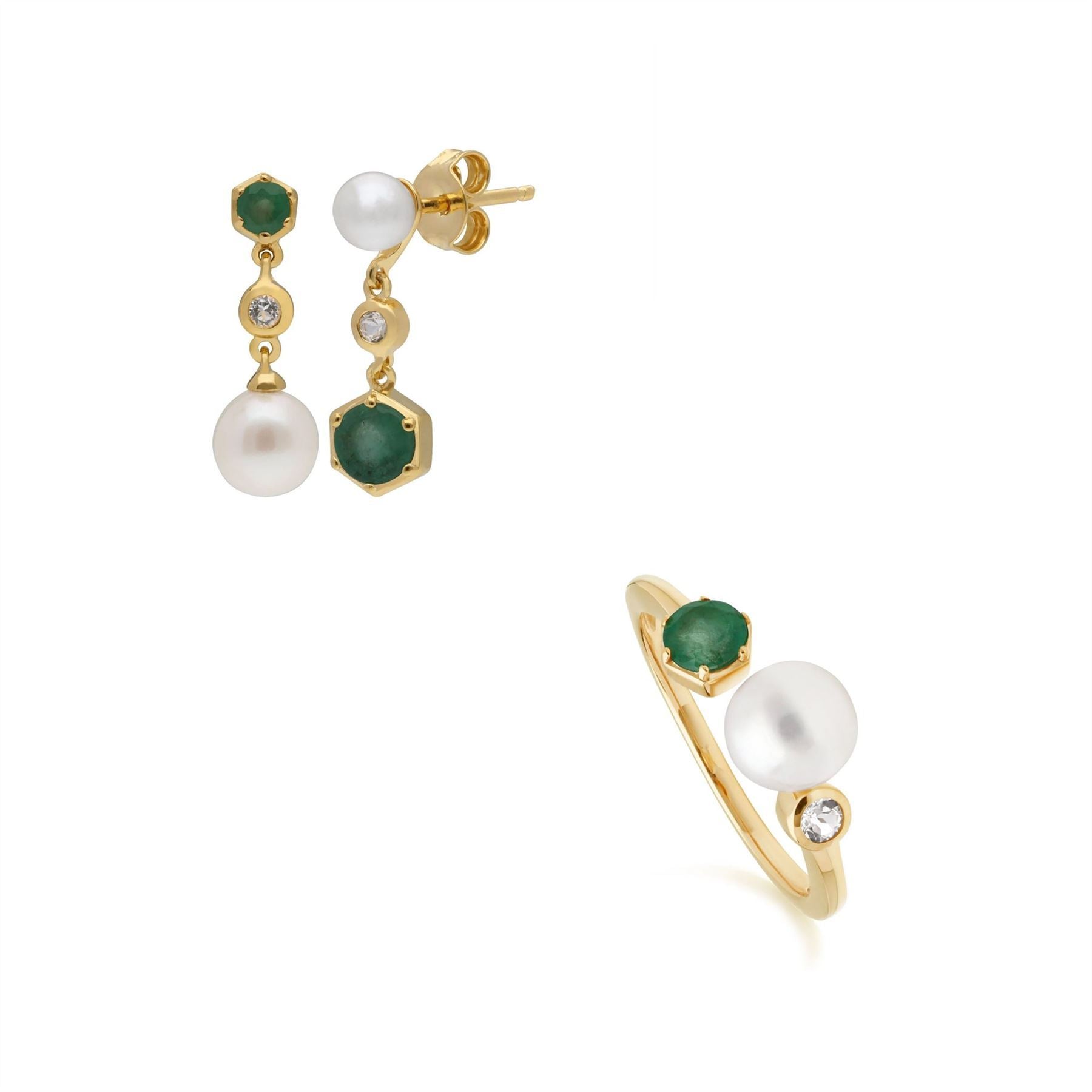 Modern Pearl, Topaz & Emerald Earring & Ring Set in Gold Plated Sterling Silver
