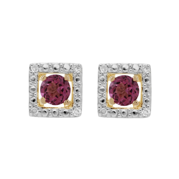 Orecchini a bottone classici con topazio rosa in oro giallo 375 e rivestimento per l'orecchio con diamanti quadrati