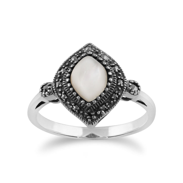 Anello Art Déco Gemondo, argento sterling 925 da 1,00 ct, madreperla e anello art deco con marcasite