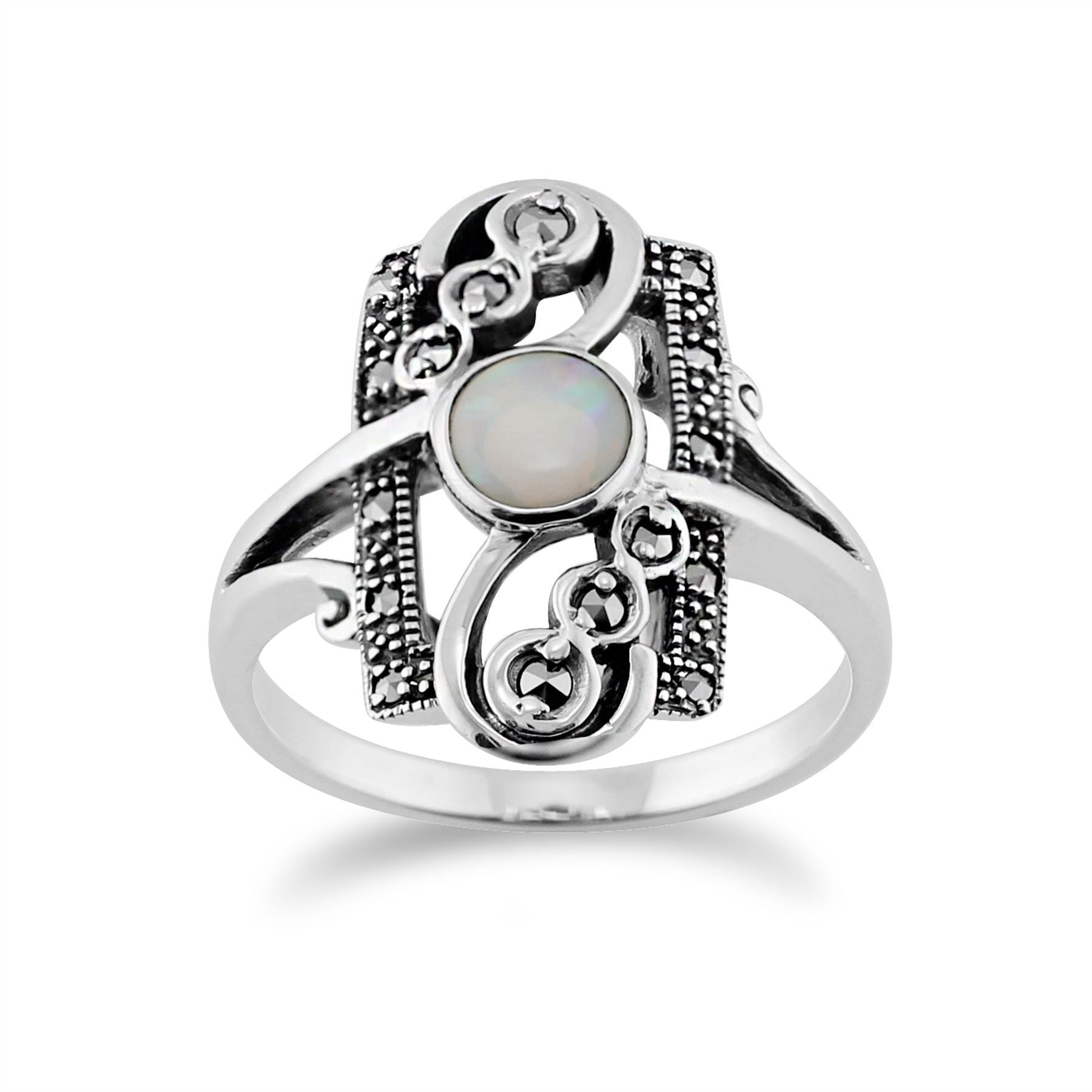 Art Nouveau Style Round Opal & Marcasite Spiral Frame Ring in 925 Sterling Silver