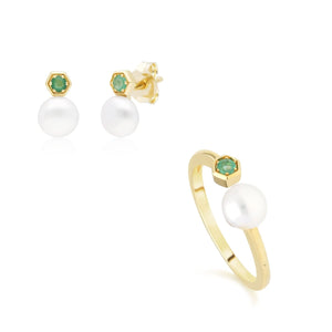 Modern Pearl & Emerald Earring & Ring Set in 9ct Yellow Gold