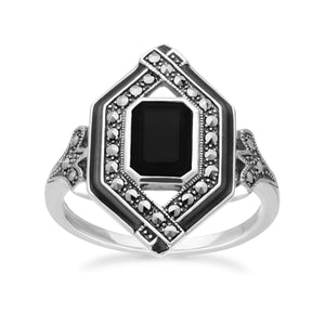 Art Deco Inspired Spinel, Enamel & Marcasite Rhombus Ring