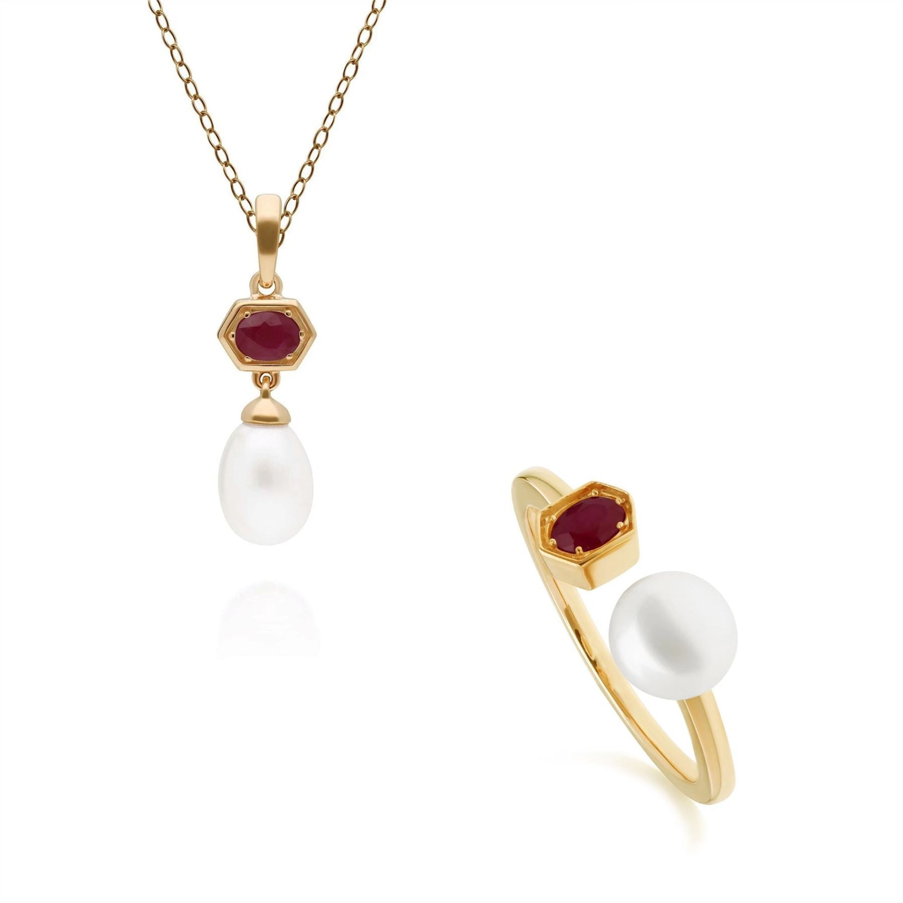 Modern Pearl & Ruby Ring & Pendant Set in Gold Plated Sterling Silver