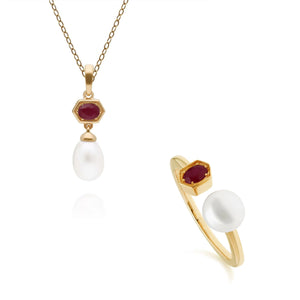 Modern Pearl & Ruby Ring & Pendant Set in Gold Plated Sterling Silver