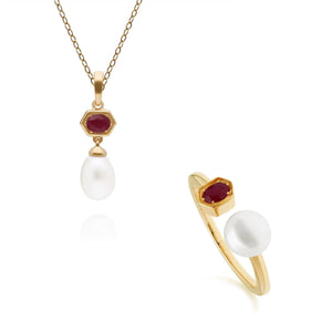 Modern Pearl & Ruby Ring & Pendant Set in Gold Plated Sterling Silver