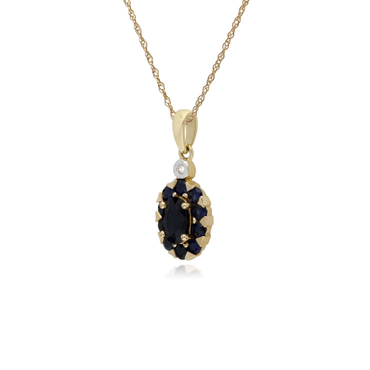 Pendente con montatura ovale in oro giallo da 9 ct con zaffiri e diamanti su catena da 45 cm