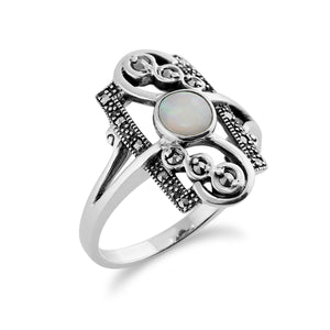 Art Nouveau Style Round Opal & Marcasite Spiral Frame Ring in 925 Sterling Silver