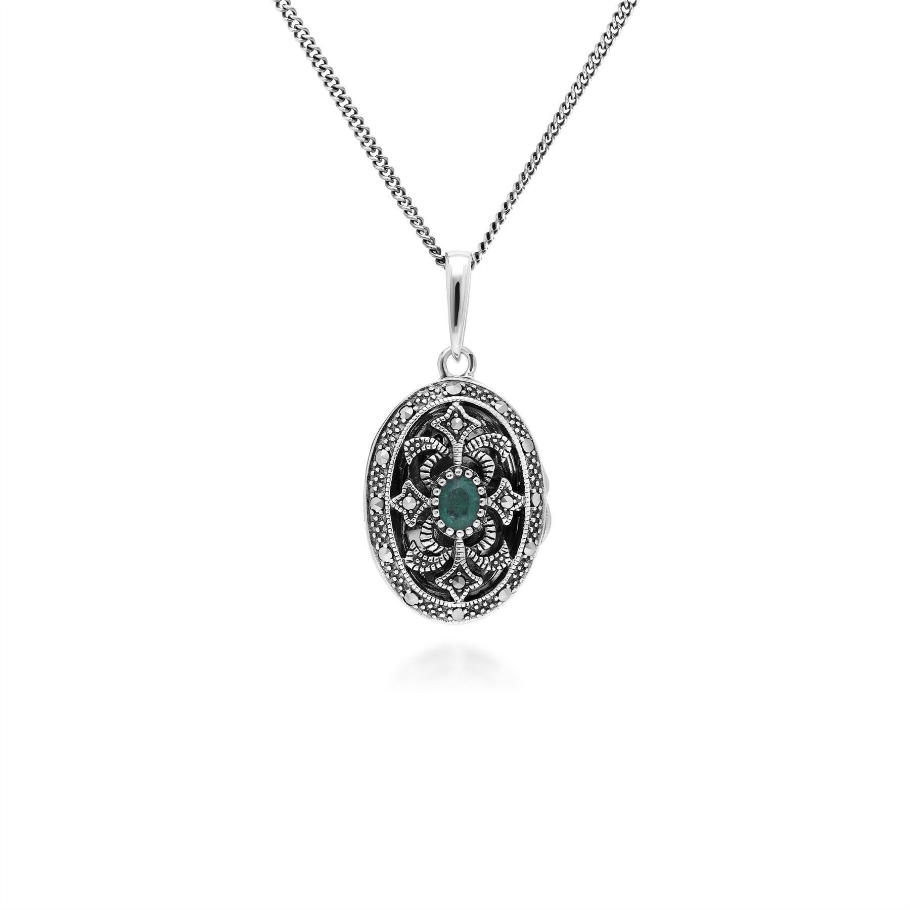 Art Nouveau Style Oval Emerald & Marcasite Locket Necklace in 925 Sterling Silver