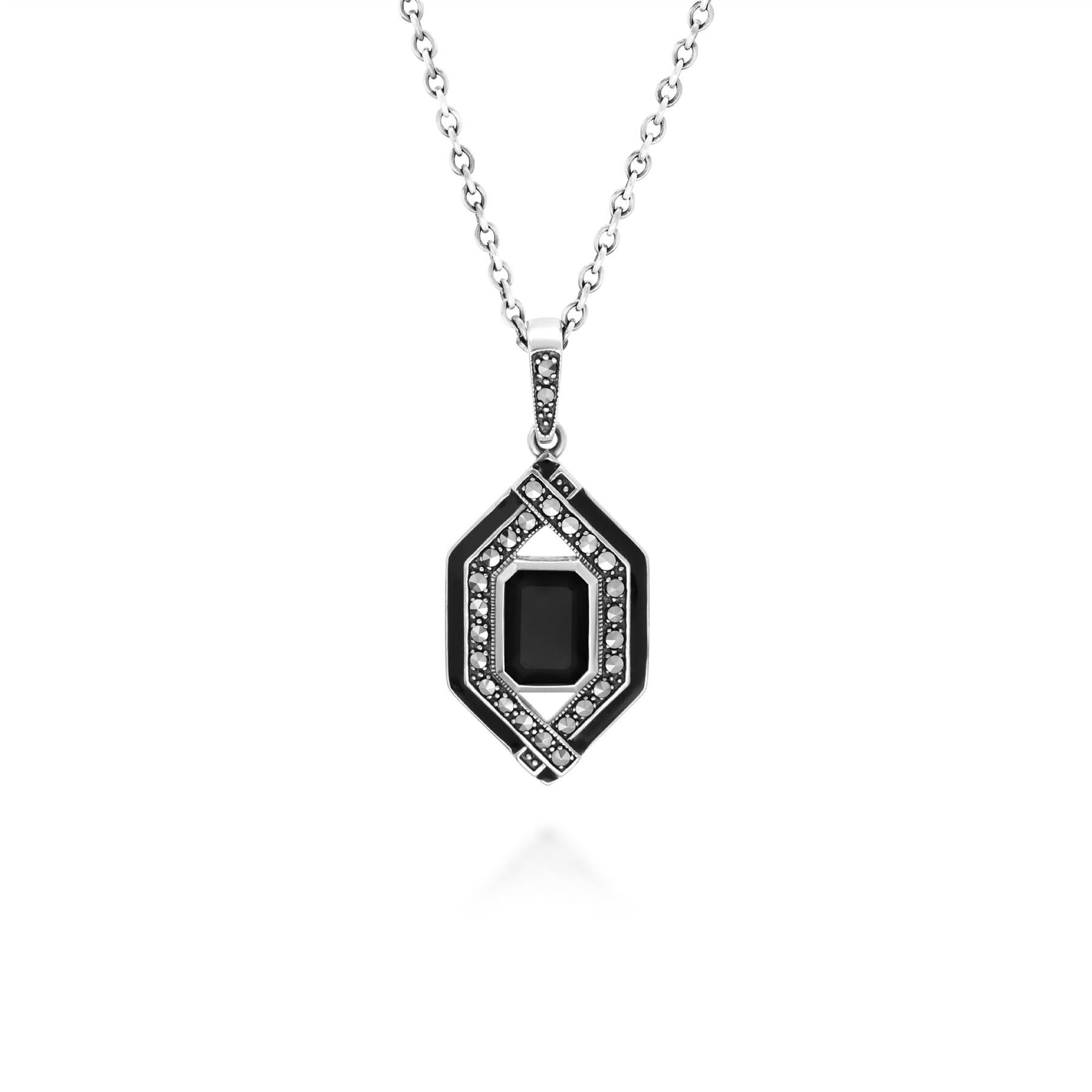 Art Deco Inspired Black Spinel, Enamel & Marcasite Necklace