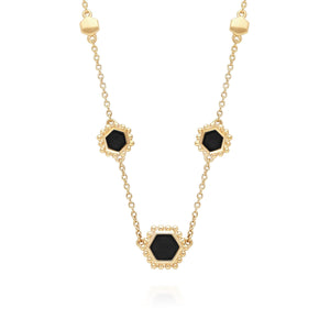 Black Onyx Flat Slice Hex Chain Necklace in Gold Plated Sterling Silver