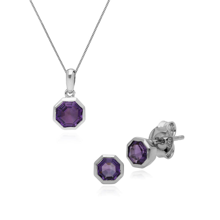 Ciondolo e orecchini geometrici in argento 925 con ametista ottagonale