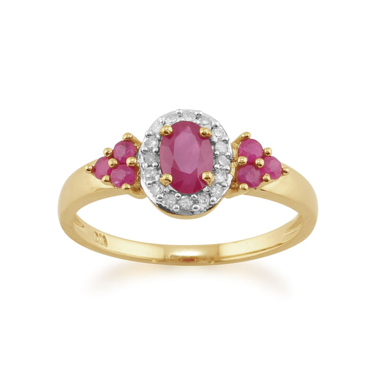 Anello in oro giallo da 9 ct con rubino naturale da 0,88 ct e diamanti