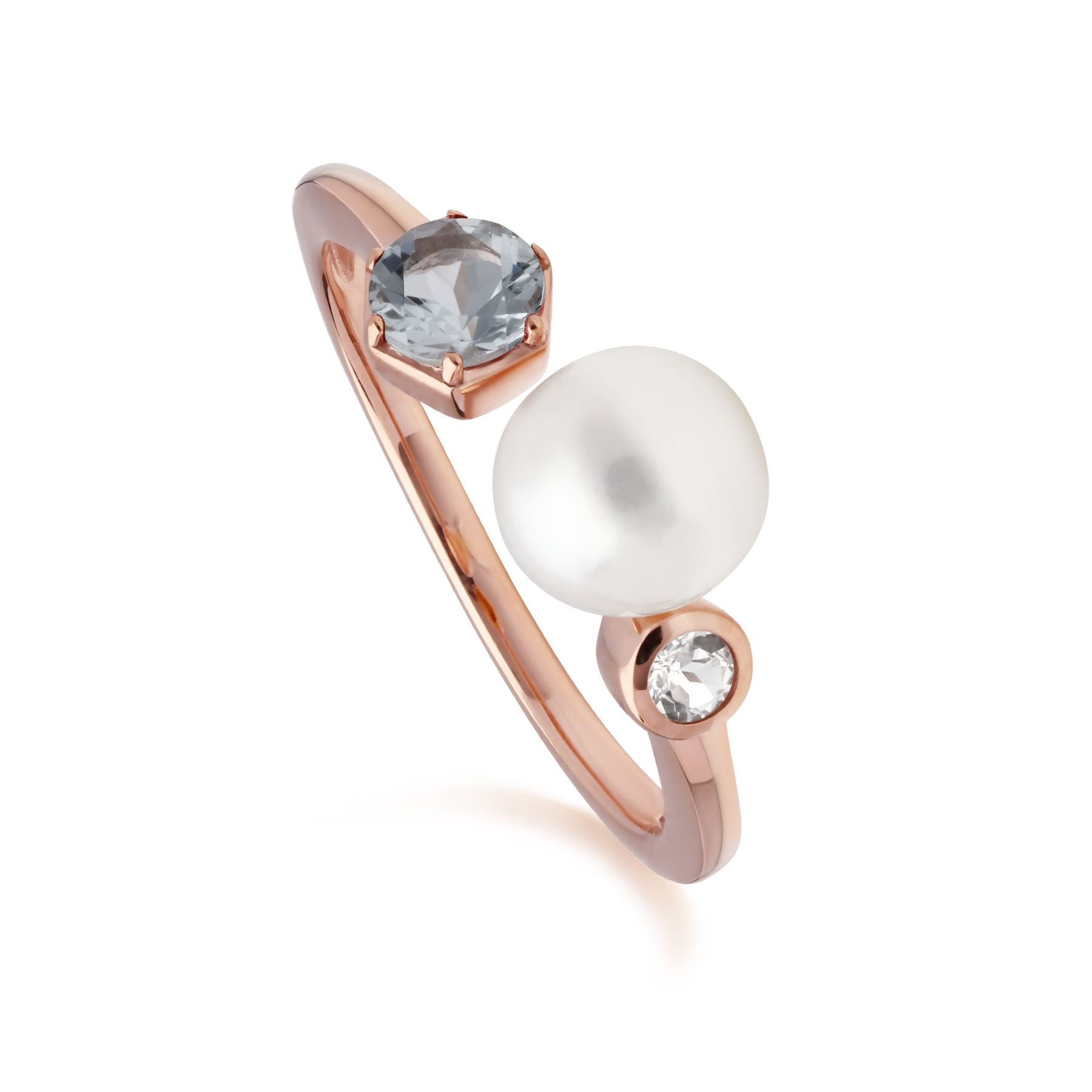 Anello Aperto moderno con perla, acquamarina e topazio in argento sterling placcato oro rosa