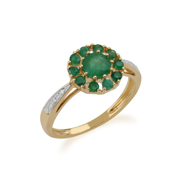 Anello Gemondo con smeraldo, anello con fiore di smeraldo e diamanti in oro giallo da 9 ct e 0,91 ct