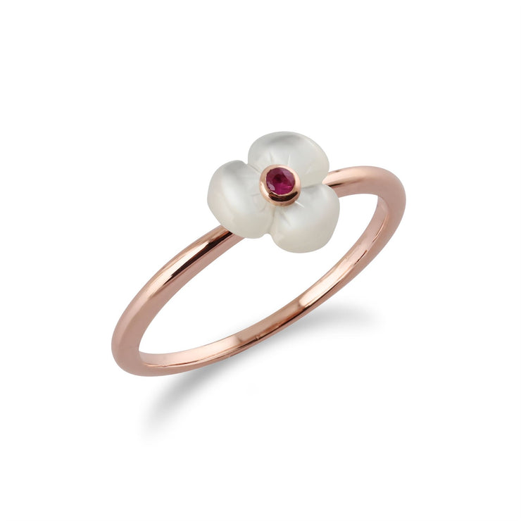 Gemondo Anello in madreperla Rosa, anello floreale in madreperla placcato in argento e rubino - Madreperla