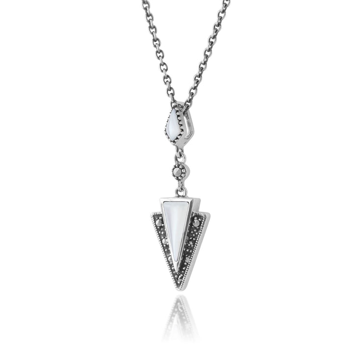 Collana a strascico e orecchini pendenti in stile Art Deco Argento 925 Madreperla e marcasite