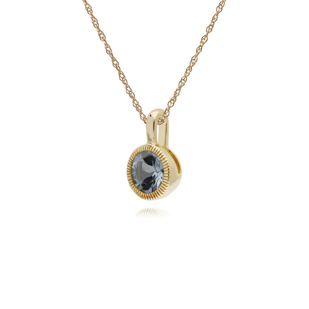 Collana con acquamarina, pendente Milgrain rotondo singolo in pietra acquamarina in oro giallo da 9 ct su catena da 45 cm
