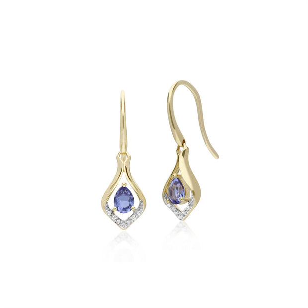 Orecchini con tanzanite, orecchini pendenti con tanzanite rotonda in oro giallo da 9 ct e foglia di diamante