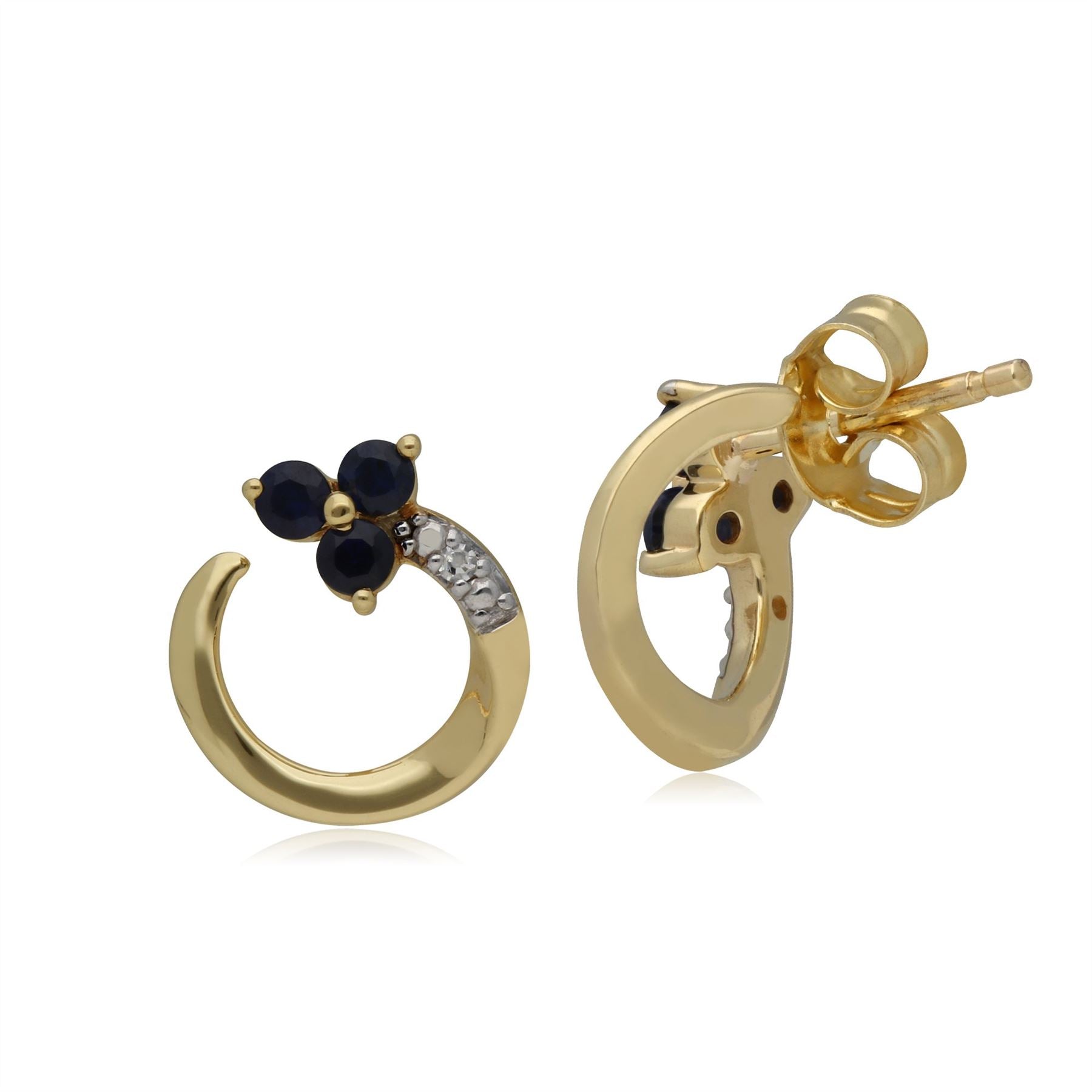 Classic Floral Sapphire & Diamond Swirl Stud Earrings in 9ct Yellow Gold