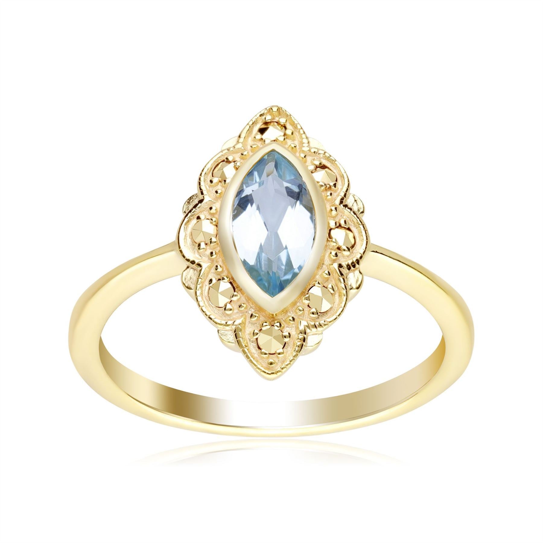 Art Nouveau Inspired Marquise Blue Topaz & Marcasite Ring in 18ct Gold Plated Silver