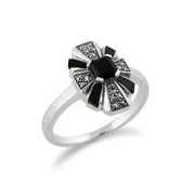 Anello Art Déco Gemondo, anello Art Déco in argento sterling 925 con onice nero e marcasite