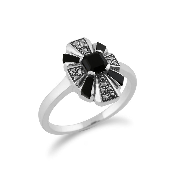 Anello Art Déco Gemondo, anello Art Déco in argento sterling 925 con onice nero e marcasite