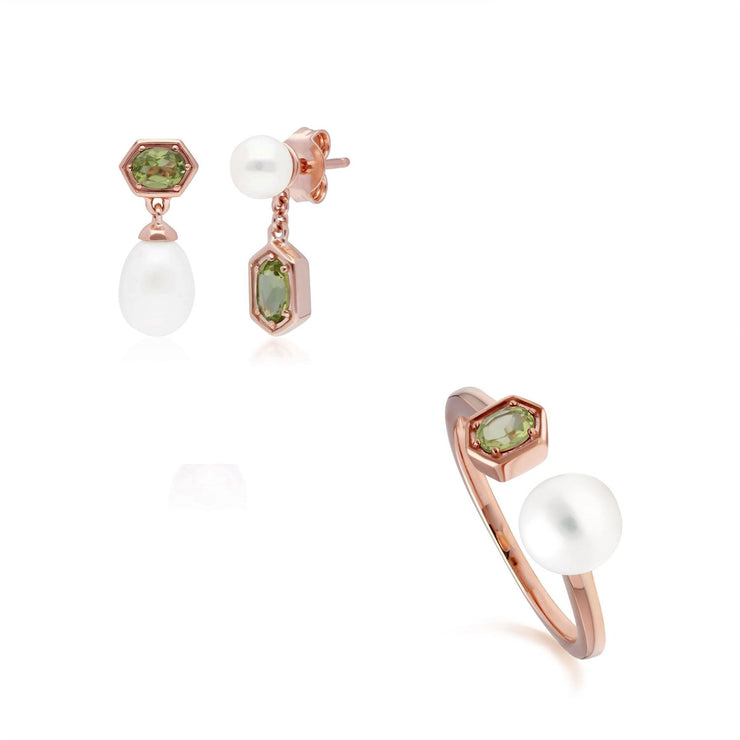 Anello e orecchini con perle moderne in argento 925 dorato con peridoto rosa in oro pregiato e perla