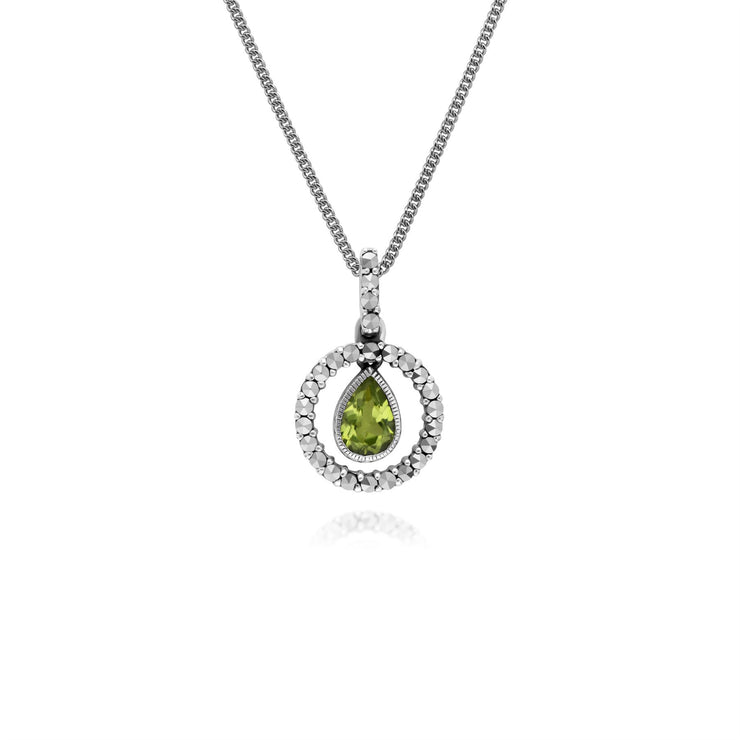 Collana in argento sterling con gocce d'acqua, peridoto e marcasite rotonda da 45 cm