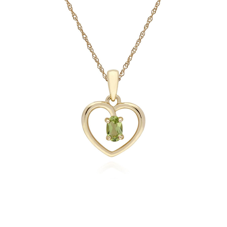 Ciondolo a cuore singolo con pietra ovale in oro giallo peridoto da 9 ct su catena da 45 cm