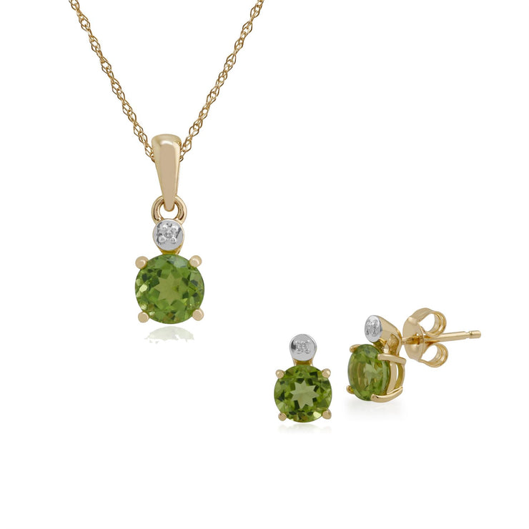 Classico pendente e orecchini a bottone con peridoto rotondo in oro giallo 375 e diamanti
